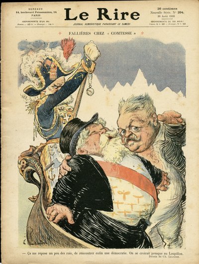 Illustration af Charles Leandre (1862-1934) til forsiden af Le Rire, 20/08/10 - Fallieres hos grevinden - Italien, republikkens præsident, Chapeau, Identifier, Venedig - Fallieres Armand (1841-1931) af Charles Leandre