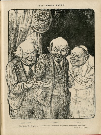 Illustration af Charles Leandre (1862-1934) i Le Rire, 03/06/22 - The Three Popes - England Storbritannien, U.S.R., Verifikatordatoer, Reichstag - Lenine, Lloyd George, Pius XI af Charles Leandre