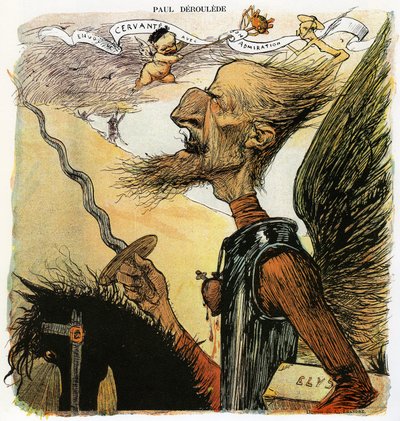 Paul Deroulede (1846-1914), fransk forfatter og nationalistisk aktivist, en vigtig aktør i antidreyfusisme, karikatur af Charles Leandre som ridder Don Quixote: han skal kæmpe mod vindmøller og bærer en kuffert mærket "Elysee" under armen. Drawi af Charles Leandre