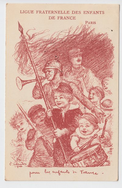 Postkort, satirisk i farver: Fraternal League of the Children of France - War of 14-18, Childhood, Patriotic Days Illustration af Charles Leandre (1862-1934) af Charles Leandre