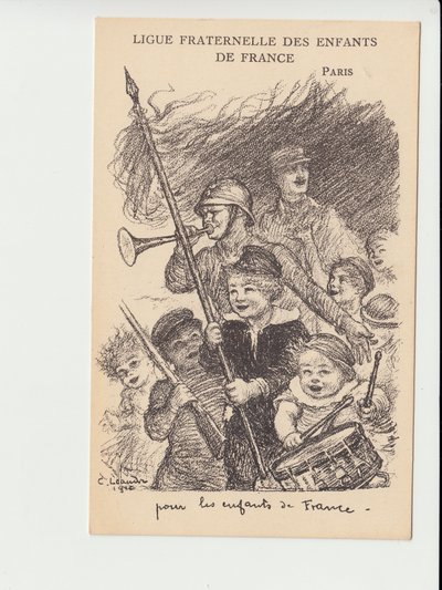 Postkort, satirisk i sort/hvid: Fraternal League of the Children of France - War of 14-18, Music, Childhood, Fraternal League of the Children of France - Soldiers Illustration af Charles Leandre (1862-1934) af Charles Leandre