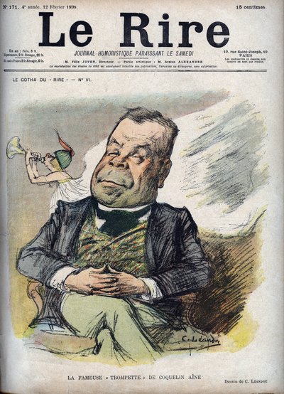 Den berømte trompet af Poppy Aine - Portræt af Constant Poppy kaldet Aine Poppy (1841-1904) - - karikatur af Charles Leandre (1862-1934) i "" Latteren"" af 12. februar af Charles Leandre