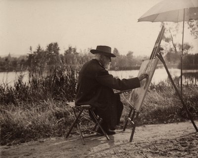 Maleren Lhermitte Léon (1844-1925), mens han arbejdede på Marne-sidebredden, ikke langt væk fra sin ejendom, omkring 1914-1915, Frankrig af Charles Lhermitte