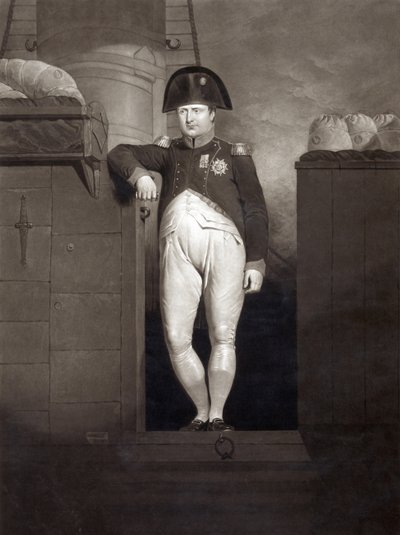 Napoleon Bonaparte på landgangen til HMS Bellerophon efter at have nået Plymouth Sound, august 1815, indgraveret af Charles Turner af Charles Lock Eastlake