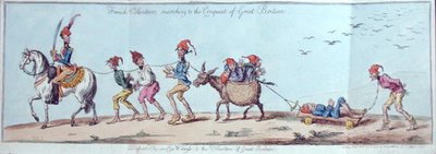 Franske frivillige marcherer til erobringen af Storbritannien, raderet af James Gillray (1757-1815), udgivet af Hannah Humphrey i 1803 (håndkoloreret radering) af Charles Lorraine (after) Smith