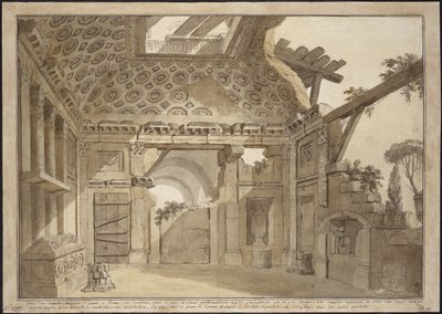 Design til malerierne i fader Lesueurs celle i klosteret Santissima Trinita dei Monti i Rom - Charles Louis Clerisseau (1722-1820). Pen, pensel, gråt og brunt blæk, hvid farve på papir, ca 1760. Mål: 36,9x53 cm. Statens Eremitage, af Charles Louis Clerisseau