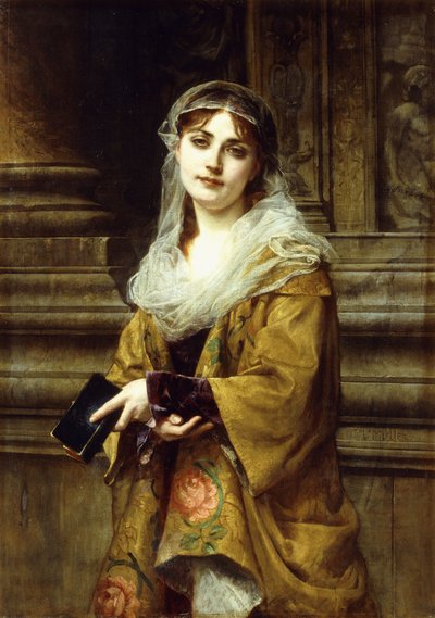 En ung kvinde uden for en kirke, af Charles Louis Lucien Muller