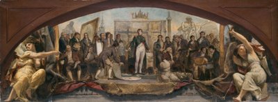 Skitse til Denon-pavillonen i Louvre: Les quatre âges artistiques de la France - Présentation des plans à Napoléon, ca. 1864 (olie på lærred) af Charles Louis Lucien Muller