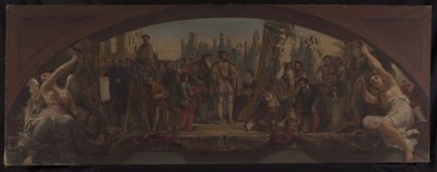 Skitse til Denon-pavillonen i Louvre: Les quatre âges de la vie artistique en France - Præsentation af planer for Château de Fontainebleau til Frans I, ca. 1864 (olie på lærred) af Charles Louis Lucien Muller