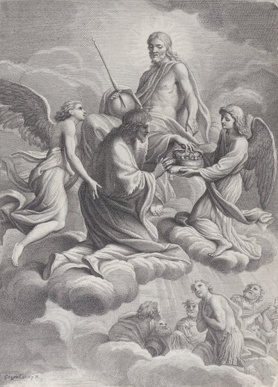 Saint Louis af Frankrig modtaget i himlen af Kristus og to engle, der tilbyder ham c..., 1671-80. af Charles Louis Simonneau