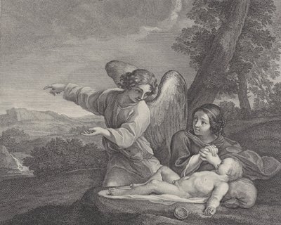 Englen viser sig for Hagar i ørkenen, mens hun folder sine hænder ved siden af søvnen..., 1700-28. af Charles Louis Simonneau