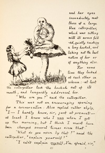 Alice får råd fra Blue Caterpillar, illustration fra Alices Adventures Under Ground, pub. 1886 (faksimile) af Charles Lutwidge Dodgson
