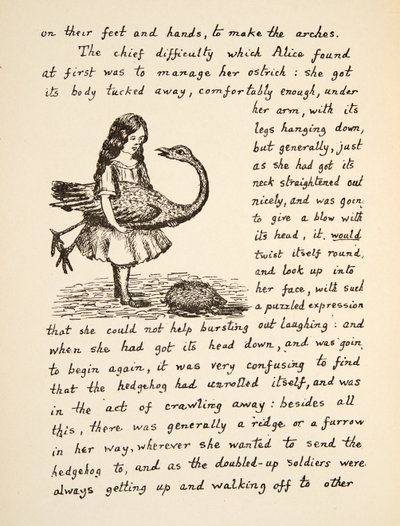 Alice holder sin struds, illustration fra Alices Adventures Under Ground, pub. 1886 (faksimile) af Charles Lutwidge Dodgson