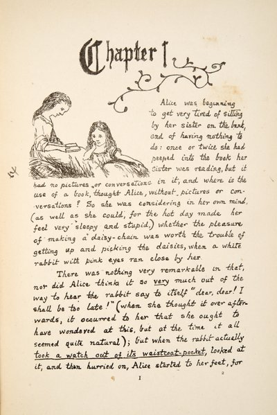 Alice med sin søster, illustration fra Alices Adventures Under Ground, pub. 1886 (faksimile) af Charles Lutwidge Dodgson