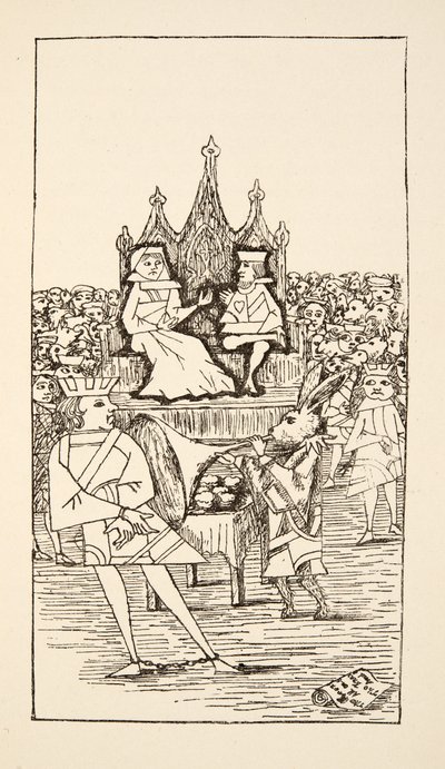 Trial of the Knave of Hearts, illustration fra Alices Adventures Under Ground, pub. 1886 (faksimile) af Charles Lutwidge Dodgson
