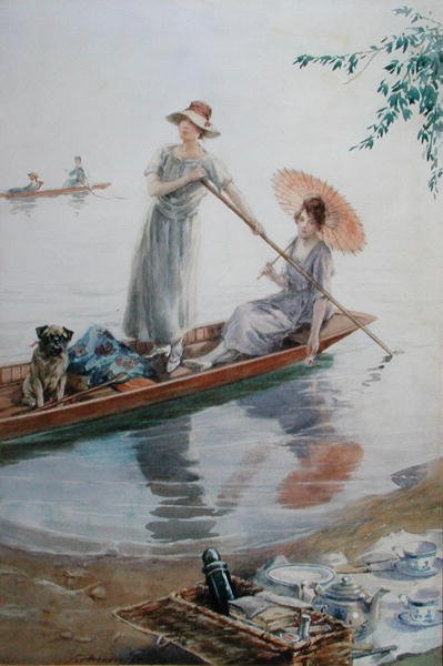 To piger med deres kæledyr, der padler tilbage til deres picnic (akvarel på papir) af Charles MacIvor or MacIver Grierson