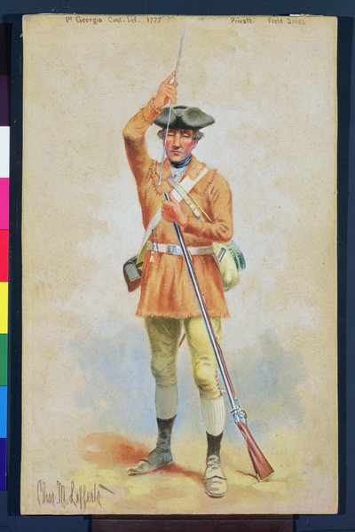 Uniformer of the American Revolution: 1777 Private Field Dress fra 1st Georgia Continental Infantry (gouache og wc på papir) af Charles MacKubin Lefferts
