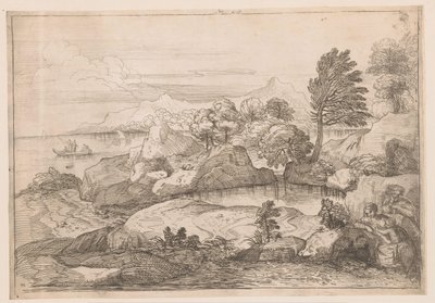 Landskab med hellig familie af Charles Macé (attributed to)