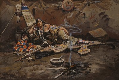Waiting And Mad (olie om bord monteret på masonit) af Charles Marion Russell