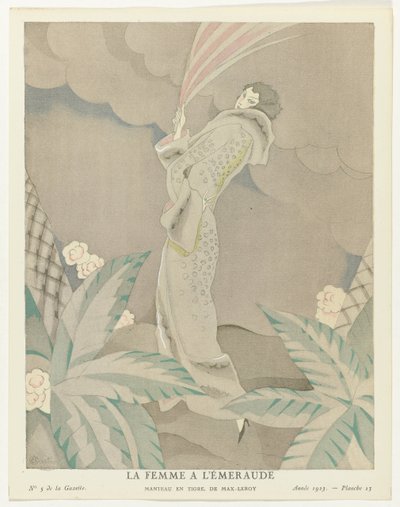 Gazette du Bon Ton 1923, nr. 5, pl. 23: The Emerald Woman - Tiger frakke, af Max-Leroy (titel på objektet) af Charles Martin