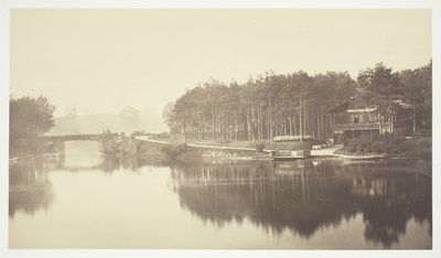 Uden titel, c. 1850. [Bro og hytte i Bois de Boulogne, en park i Paris]. af Charles Marville
