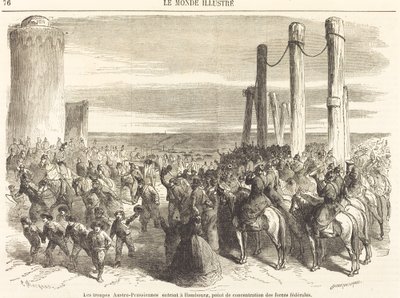 Østrig-preussiske tropper på vej ind i Hamborg ... [øverste halvdel] af Charles Maurand after Godefroy Durand
