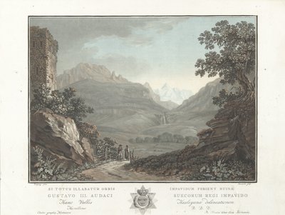 Berglandschap i Schweiz Udsigt over Oberhashi-dalen (titel på objekt) Bemærkelsesværdig udsigt over bjergene i Schweiz (serietitel) af Charles Melchior Descourtis