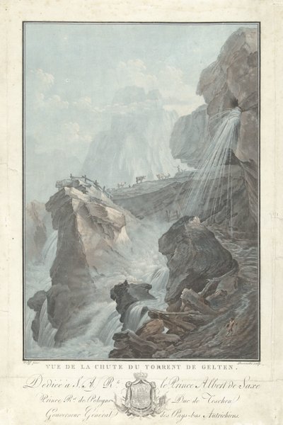 Udsigt over Gelten-vandfaldet Udsigt over Chute du Torrent de Gelten (titel på objekt) Bemærkelsesværdig udsigt over bjergene i Schweiz (serietitel) af Charles Melchior Descourtis