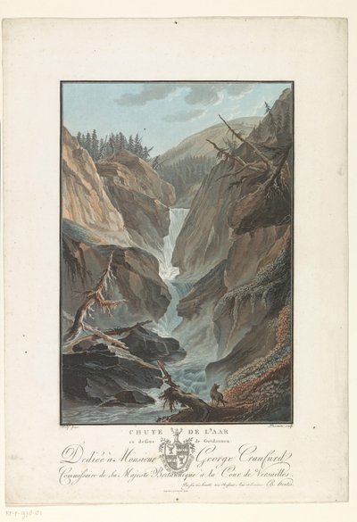 Waterval fra Aare å Fall of the Aare over Gutdannen (titel på objekt) Bemærkelsesværdig udsigt over bjergene i Schweiz (serietitel) af Charles Melchior Descourtis