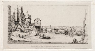 Gangbro, der midlertidigt erstatter Exchange Bridge, Paris, efter branden i 1621 af Charles Meryon