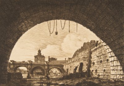 Pont-neuf og Samaritaine fra under den første bue af Pont-au-Change Pont-neuf..., 1855. af Charles Meryon