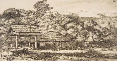 Indfødte lader og hytter ved Akaroa, Banks Peninsula, 1845, 1860. af Charles Meryon