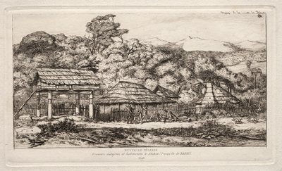 Indfødte lader og hytter ved Akaroa, Banks Peninsula, 1845, 1865. af Charles Meryon