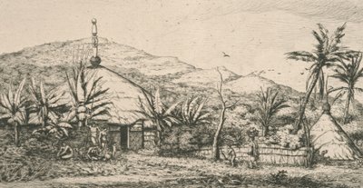 Ny Kaledonien, Ny Kaledonien: stor indfødt hytte på gangbroen til Poepo, illustration fra "Etching of the Pacific...", 1863 af Charles Meryon