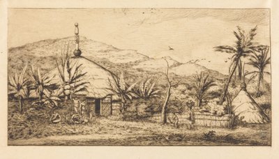 Ny Kaledonien: Stor indfødt hytte på vejen fra Balade til Puebo, 1845 af Charles Meryon