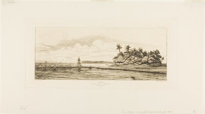 Oceanien: Fiskeri, nær øer med palmer i Uea eller Wallis Group, 1845 af Charles Meryon