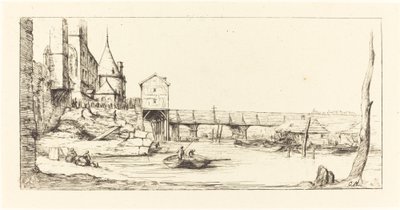 Passerelle du Pont-au-Change, Paris, efter branden i 1621 gangbro..., 1860. af Charles Meryon