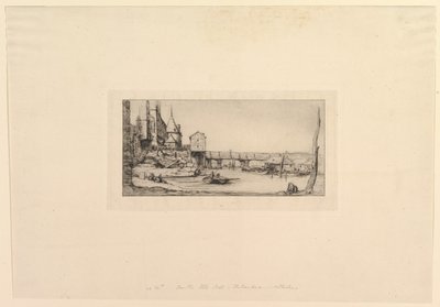 Pont-au-Change gangbro, efter branden i 1621. Gangbroen erstattet midlertidigt..., 1860. af Charles Meryon
