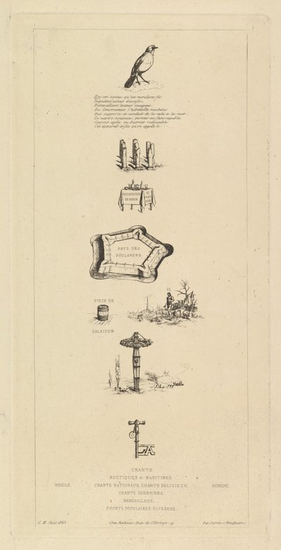 Rebus: Béranger var ikke rigtig stærk, for han havde aldrig nøglen til markerne, 1863. af Charles Meryon