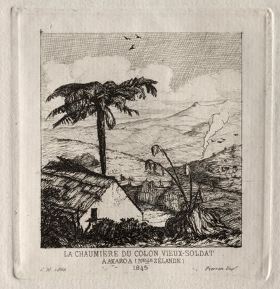 Den gamle soldats nybyggerhytte i Akaroa, 1845 af Charles Meryon