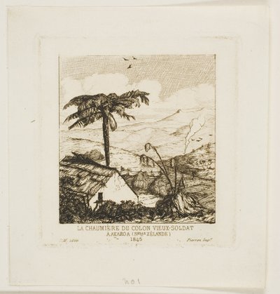 Den gamle soldats stråtækte hytte, Akaroa, 1845 af Charles Meryon