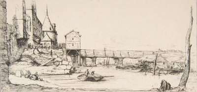 Gangbroen, der midlertidigt erstattede Pont-au-Change, Paris, efter branden i 1621, af..., 1860. af Charles Meryon