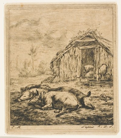 Tre grise, der ligger foran et skur af Charles Meryon