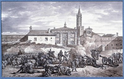 Italiens kampagner: "" Napoleon Bonaparte (1769-1821) og marechal Augereau satte en dør til Verona i Italien med en kanon i 1796""" Tegning i pennen tilskrevet Charles Meynier (1768-1832). Svag. 0,25x0,4 m. Paris, Louvre-museet af Charles Meynier
