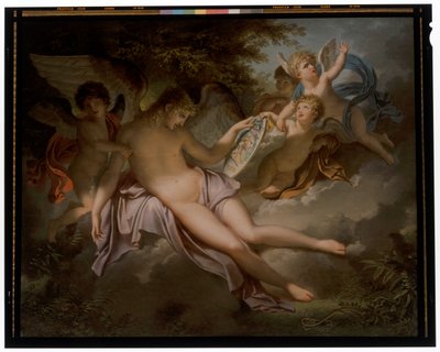 Cupid itkee Psychen menetyksestä, jonka muotokuvan hän pysähtyy käsiinsä af Charles Meynier