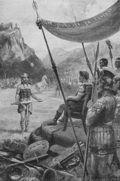 Julius Cæsar modtager underkastelse af en besejret høvding i Gallien (litho) af Charles Mills (after) Sheldon