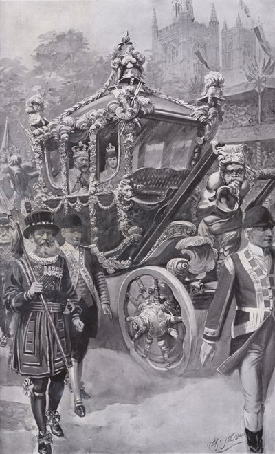 Kong Edward VII og dronning Alexandra i statstræneren vender tilbage fra deres kroning i Westminster Abbey, London af Charles Mills (after) Sheldon
