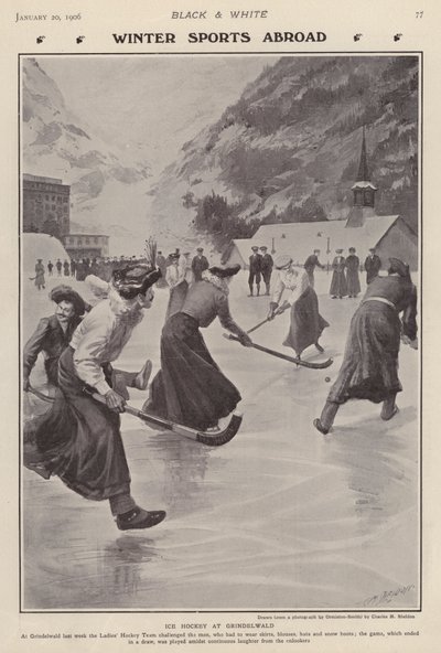 Spiller ishockey i Grindelwald, Schweiz (litho) af Charles Mills (after) Sheldon