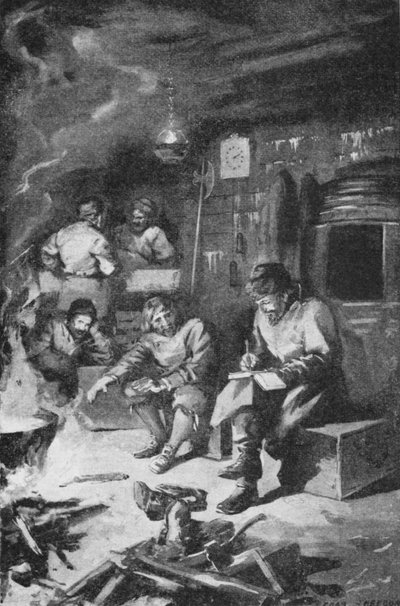 William Barents skrev sin dagbog, mens han tilbragte vinteren i en hytte på Nova Zembla (litho) af Charles Mills (after) Sheldon