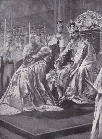 Hyldest af ærkebiskoppen af Canterbury ved kroningen af kong Edward VII, Westminster Abbey, London, 1902 af Charles Mills after Sheldon